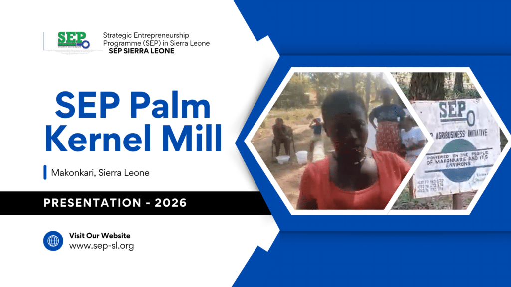 Een korte video over de SEP Palm Kernel Mill in Makonkari, Noord-Sierra Leone, opgericht in januari 2025. Deze palm kernel mill ondersteunt vrouwen uit meer dan 50 dorpen bij de productie van palmolie, met als doel armoede te verminderen en de positie van vrouwen te versterken.